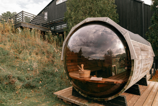 close-up of outdoor barrel sauna