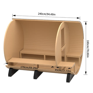 6 Person Outdoor Barrel Sauna with Front Porch, Canadian Hemlock Traditional Steam Barrel Sauna Kit with Outdoor Waterproof Tile, Lava Rocks and More HELIUS