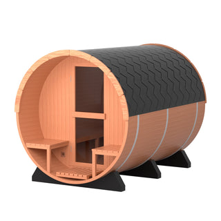 6 Person Outdoor Barrel Sauna with Front Porch, Patchwork Red Cedar Traditional Steam Barrel Sauna Kit with Half-viewing Window HELIUS