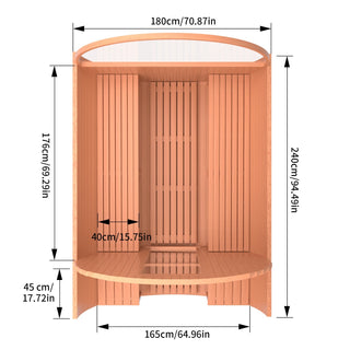 6 Person Outdoor Barrel Sauna with Front Porch, Patchwork Red Cedar Traditional Steam Barrel Sauna Kit with Half-viewing Window HELIUS