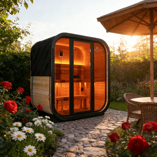 Traditional Outdoor Steam Sauna for 4 People – Thermo Spruce Wood, 6KW Heater, Tinted Glass Panels, Weather-Resistant Backyard Spa with LED Lighting