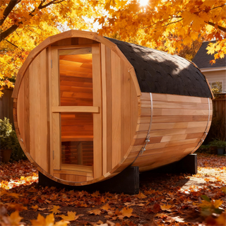 4 Person Outdoor Barrel Sauna, Patchwork Red Cedar Traditional Steam Barrel Sauna Kit with Outdoor Waterproof Tile and More