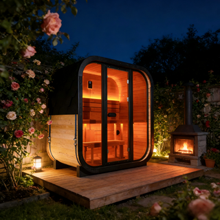 Traditional Outdoor Steam Sauna for 4 People – Thermo Spruce Wood, 6KW Heater, Tinted Glass Panels, Weather-Resistant Backyard Spa with LED Lighting