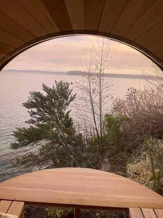 6 Person Outdoor barrel sauna with Front Porch and Panoramic Glass,  Patchwork Red Cedar Barrel Sauna Kit with Outdoor Waterproof Tile, Wood-Burning Stove and More HELIUS
