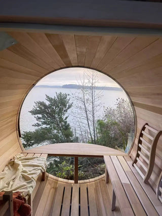 6 Person Outdoor barrel sauna with Front Porch and Panoramic Glass,  Patchwork Red Cedar Barrel Sauna Kit with Outdoor Waterproof Tile, Wood-Burning Stove and More HELIUS