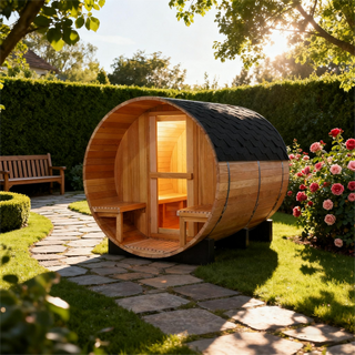 6 Person Outdoor Barrel Sauna with Front Porch, Canadian Hemlock Traditional Steam Barrel Sauna Kit with Outdoor Waterproof Tile, Lava Rocks and More