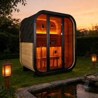Traditional Outdoor Steam Sauna for 4 People – Thermo Spruce Wood, 6KW Heater, Tinted Glass Panels, Weather-Resistant Backyard Spa with LED Lighting
