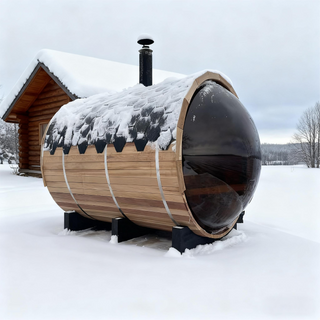 6 Person Outdoor barrel sauna with Front Porch and Panoramic Glass,  Patchwork Red Cedar Barrel Sauna Kit with Outdoor Waterproof Tile, Wood-Burning Stove and More