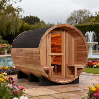 6 Person Outdoor Barrel Sauna with Front Porch, Red Cedar Traditional Steam Barrel Sauna Kit with Outdoor Waterproof Tile and More