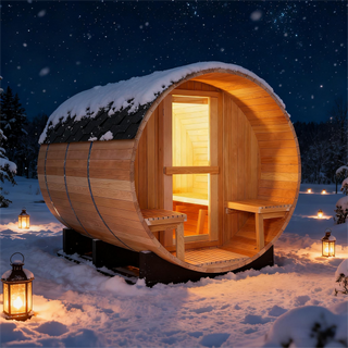 6 Person Outdoor Barrel Sauna with Front Porch, Canadian Hemlock Traditional Steam Barrel Sauna Kit with Outdoor Waterproof Tile, Lava Rocks and More