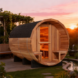 6 Person Outdoor Barrel Sauna with Front Porch, Red Cedar Traditional Steam Barrel Sauna Kit with Outdoor Waterproof Tile and More