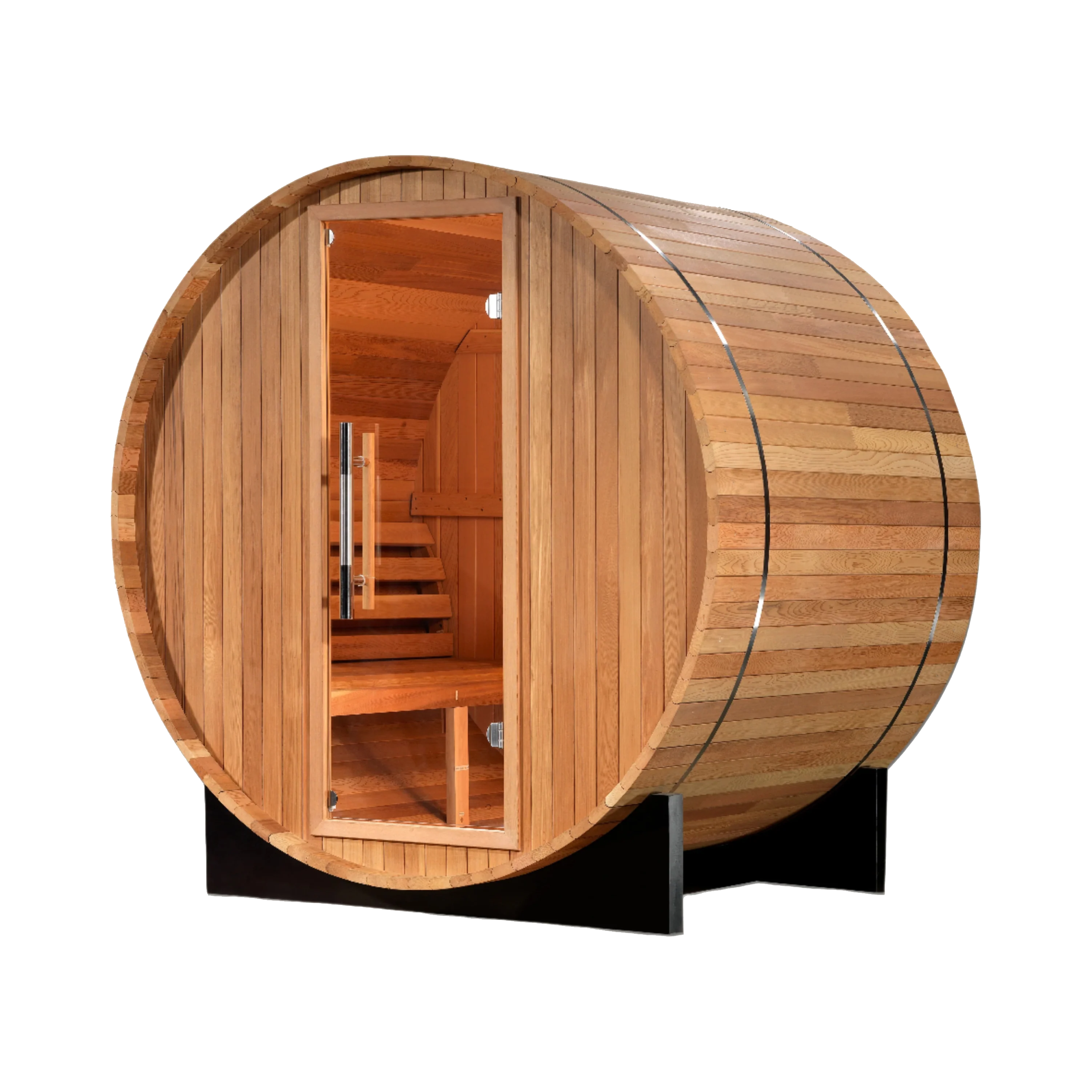 A barrel-shaped sauna made of clear Pacific Cedar wood, designed for 2-6 people. It has an open door and visible interior benches.