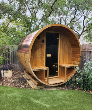 Barrel Sauna Copper Roof Cover 2 - Durable copper roof cover for barrel saunas, designed to provide weather protection and enhance the sauna's appearance with a classic, polished finish.