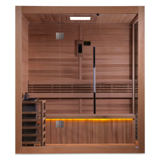 Clear Red Cedar Traditional Sauna 1- Timeless sauna crafted from high-quality clear red cedar, featuring a traditional design and luxurious finish, perfect for an authentic and relaxing sauna experience.