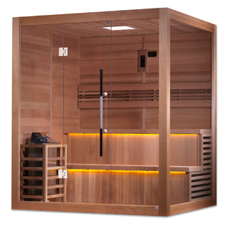 Clear Red Cedar Indoor Traditional Sauna 3- Elegant indoor sauna crafted from high-quality clear red cedar, featuring a traditional design that offers a luxurious and authentic sauna experience.