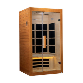 Hemlock Infrared Closeout 3 - Premium infrared sauna crafted from hemlock wood, featuring an efficient heating system and compact design, available at a closeout price for a high-quality and affordable sauna experience.