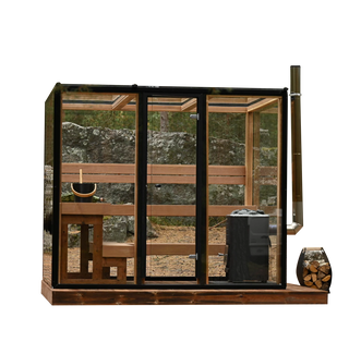 Modern Class Cube Glass Sauna-1 - Elegant cube-shaped sauna with large glass panels, high-quality wood interior, and sophisticated heating system, providing a modern and relaxing sauna experience.