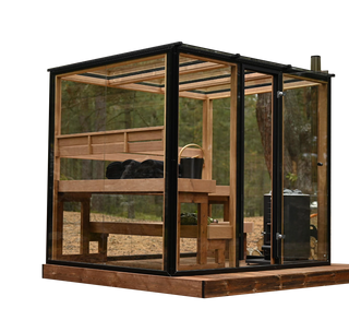 Modern Class Cube Glass Sauna 5 - Sleek and contemporary cube-shaped sauna with expansive glass panels, premium wood interior.