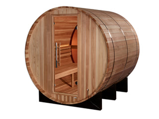 Pacific Clear Cedar Panoramic Barrel Sauna 1 - Elegant barrel-shaped sauna made from clear cedar wood, featuring panoramic glass windows.