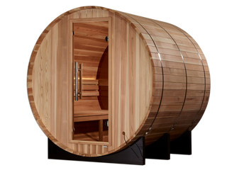 Pacific Clear Cedar Panoramic Barrel Sauna - Stylish barrel-shaped sauna crafted from clear cedar wood, featuring panoramic glass windows and a spacious interior.
