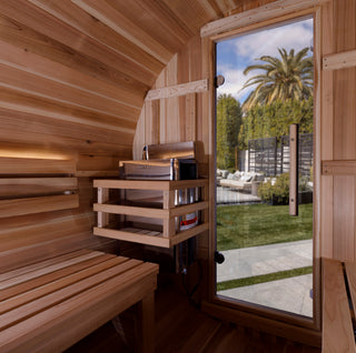 Pacific Clear Cedar Panoramic Barrel Sauna 33 - Spacious and stylish barrel-shaped sauna crafted from clear cedar wood, featuring expansive panoramic glass windows and a high-quality design, providing a luxurious and immersive sauna experience.