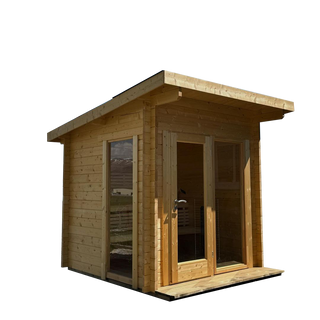 SaunaLife Cabin Sauna 2 - Stylish and compact cabin-style sauna with a contemporary design, featuring a high-quality wood interior and expansive glass windows.