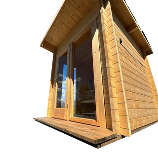 SaunaLife Cabin Sauna 3 - Elegant and compact cabin-style sauna with a modern design, featuring high-quality wood interior and large glass windows.