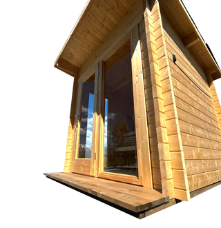 SaunaLife Sauna 100 - Premium and spacious sauna with a contemporary design, featuring expansive glass windows, high-quality wood interior.