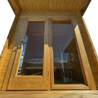 SaunaLife Sauna in 6 - Modern and compact sauna with a sleek design, featuring high-quality wood interior, large glass panels.