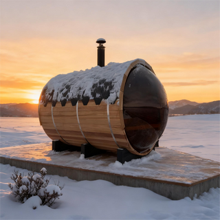 6 Person Outdoor barrel sauna with Front Porch and Panoramic Glass,  Patchwork Red Cedar Barrel Sauna Kit with Outdoor Waterproof Tile, Wood-Burning Stove and More