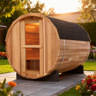 4 Person Outdoor Barrel Sauna, Patchwork Red Cedar Traditional Steam Barrel Sauna Kit with Outdoor Waterproof Tile and More