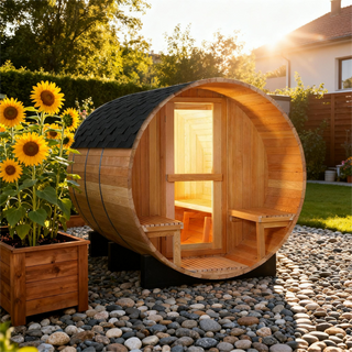 6 Person Outdoor Barrel Sauna with Front Porch, Canadian Hemlock Traditional Steam Barrel Sauna Kit with Outdoor Waterproof Tile, Lava Rocks and More