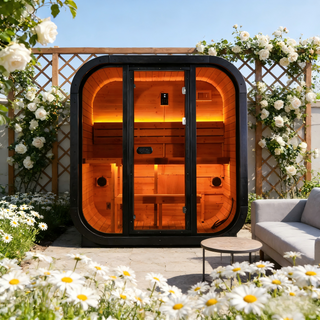 Traditional Outdoor Steam Sauna for 4 People – Thermo Spruce Wood, 6KW Heater, Tinted Glass Panels, Weather-Resistant Backyard Spa with LED Lighting