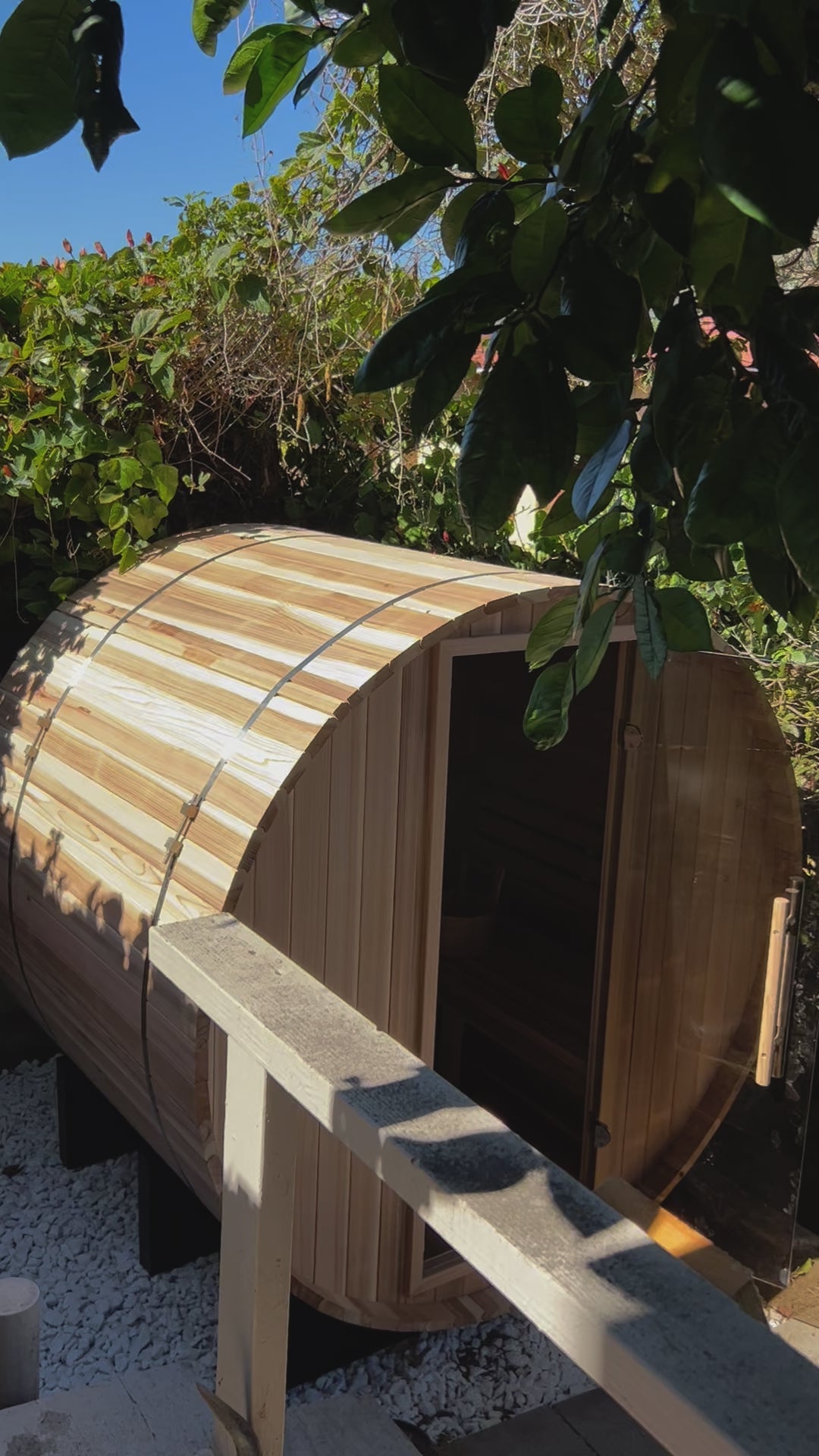 Pacific Clear Cedar 2-6 Person Barrel Sauna: Spacious and elegantly designed barrel sauna made from high-quality clear cedar wood, accommodating 2-6 people 